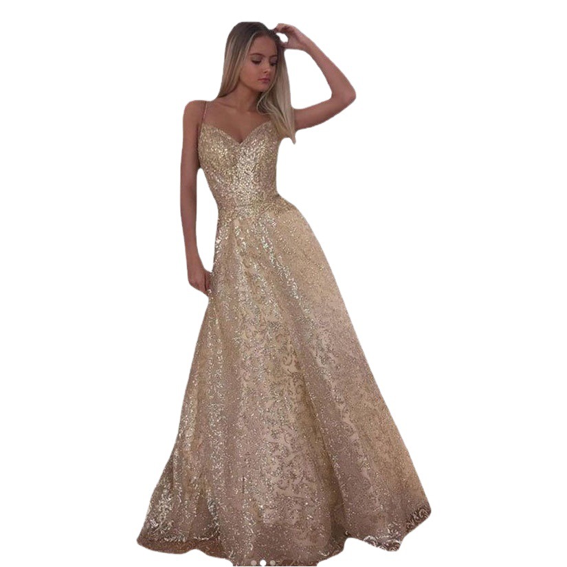 2025 Cross-Border Amazon European and American Deep V New Women's Sequined Hot Diamond Sexy Suspender Dress Long Skirt