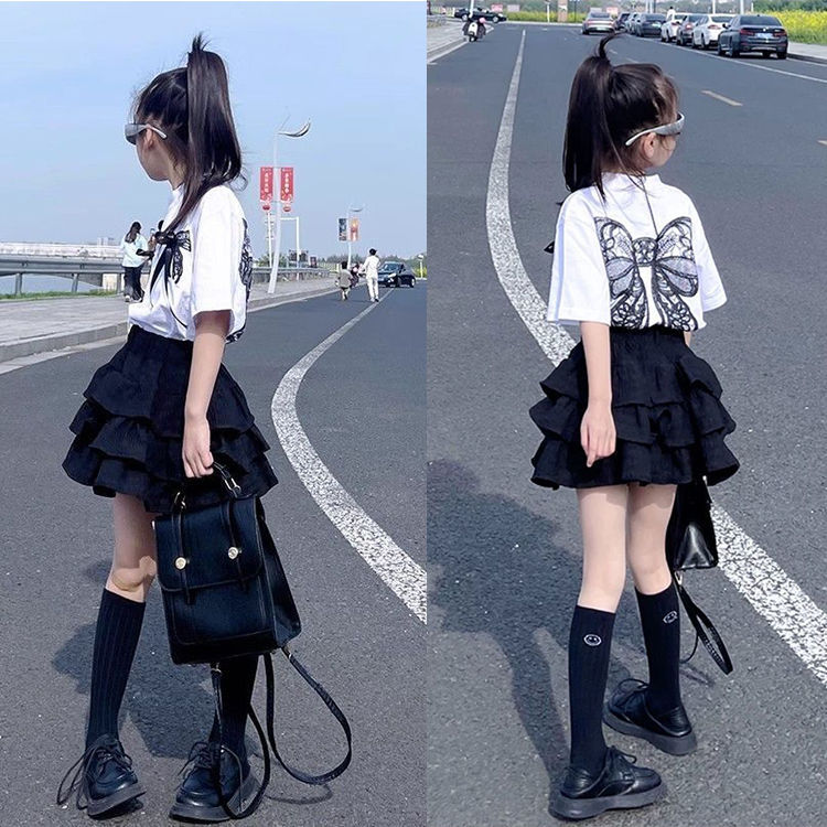 Picture of Girls Summer Suit 2025 New Cake Skirt Fashionable Kidsren's Short-Sleeved T-Shirt Fashionable Pleated Skirt Two-Piece Set