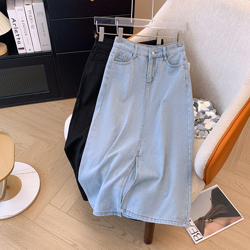 Split Denim Skirt Women's Skirt 2024 Summer New High Waist Slimming Loose A- Line Hip Skirt Mid-Length Skirt