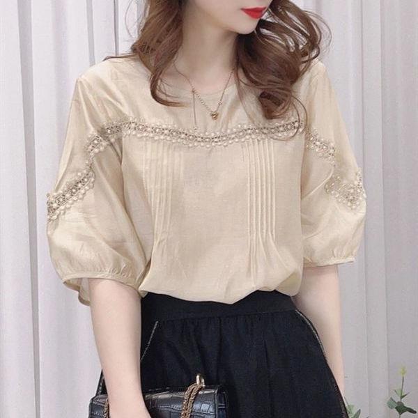 Picture of Hong Kong Style Vintage Lace Stitching Half Sleeve Chiffon Shirt Women's 2024 Summer New French Loose Slim Look Trendy Top