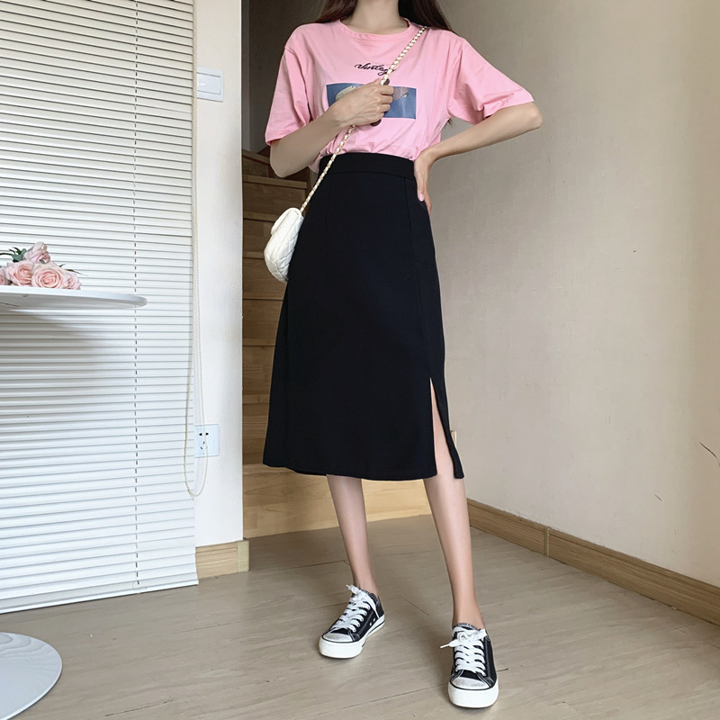 2023 summer new plus size women's knee skirt chubby girl fashion slim elastic waist Joker split skirt