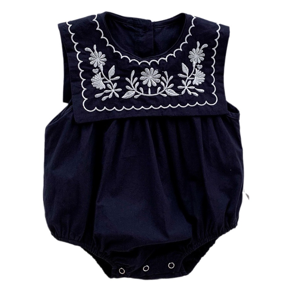 ins Summer Thin Baby Sleeveless Vest Bag Fat Clothes Harper Women's Embroidered Square Collar Navy Style Jumpsuit