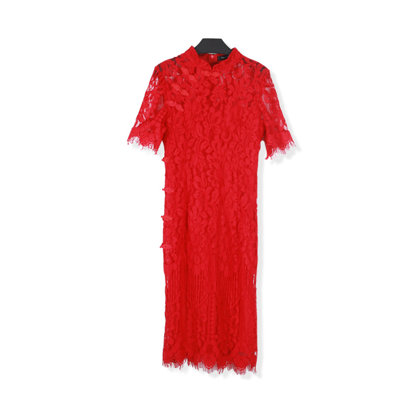 Picture of European Station 2023 Summer and Autumn Women's Clothing Foreign Trade New Slim-fit Red Bridal Dress Short-sleeved Cheongsam Lace Dress