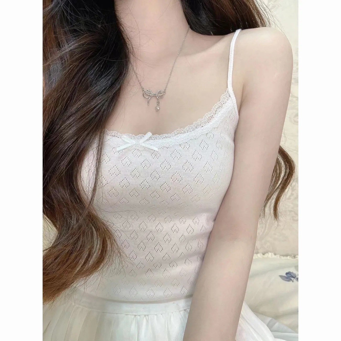 White Pure Desire Girl Cute Ballet Style Love Embroidery Lace Slim-fit Camisole Inner Top Cross-border Fashion