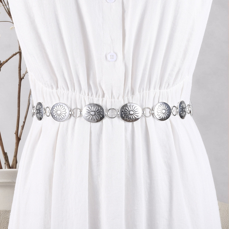 Cross Border Hook Adjusting Oval Metal Waist Chain Women's Retro Dressed Antique Silver Chain Dress Decorative Belt