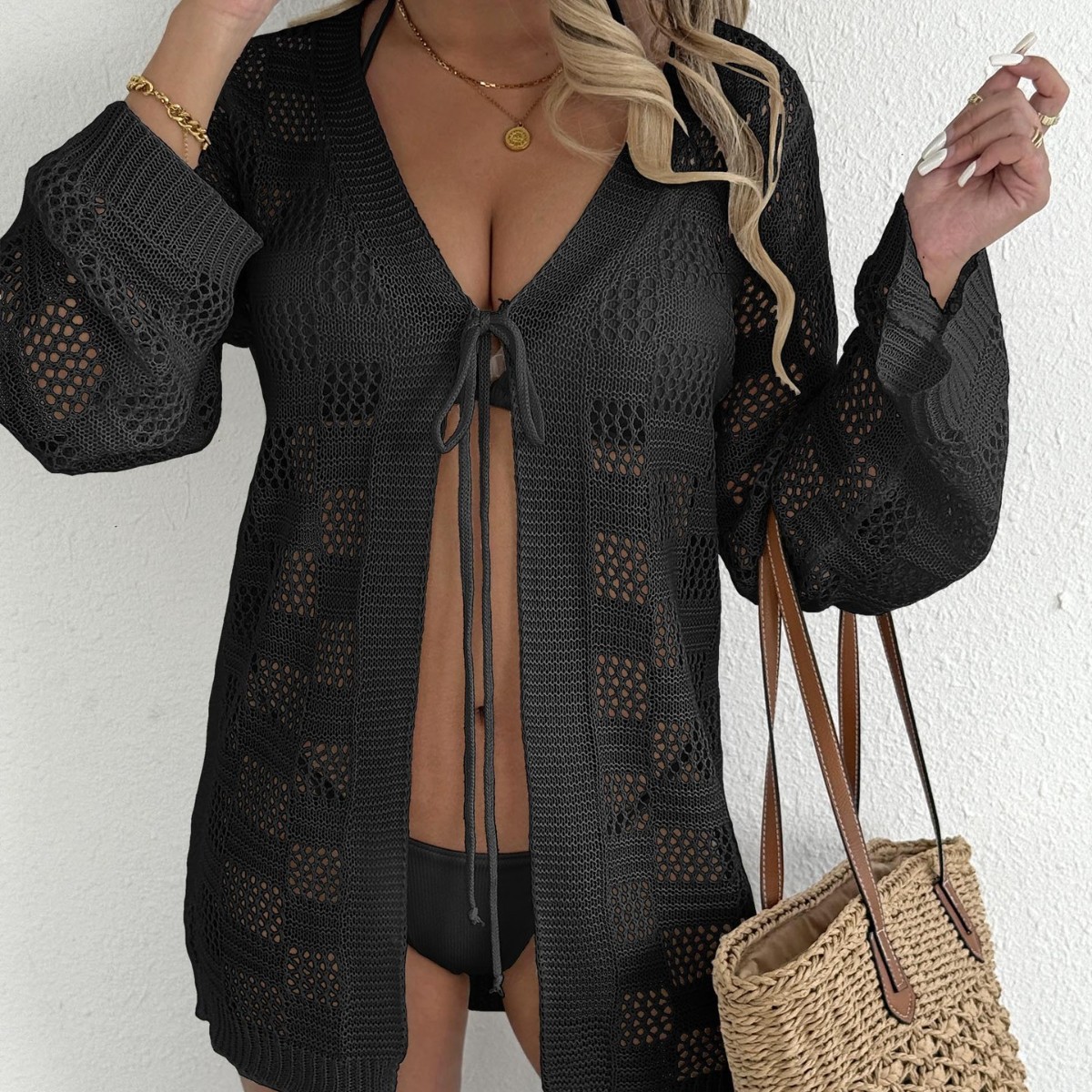 Picture of Women's Cardigan Cross-border European and American Women's Woven Shirt Hollow Long-sleeved Sunscreen Bikini Blouse Strap Beach Jacket