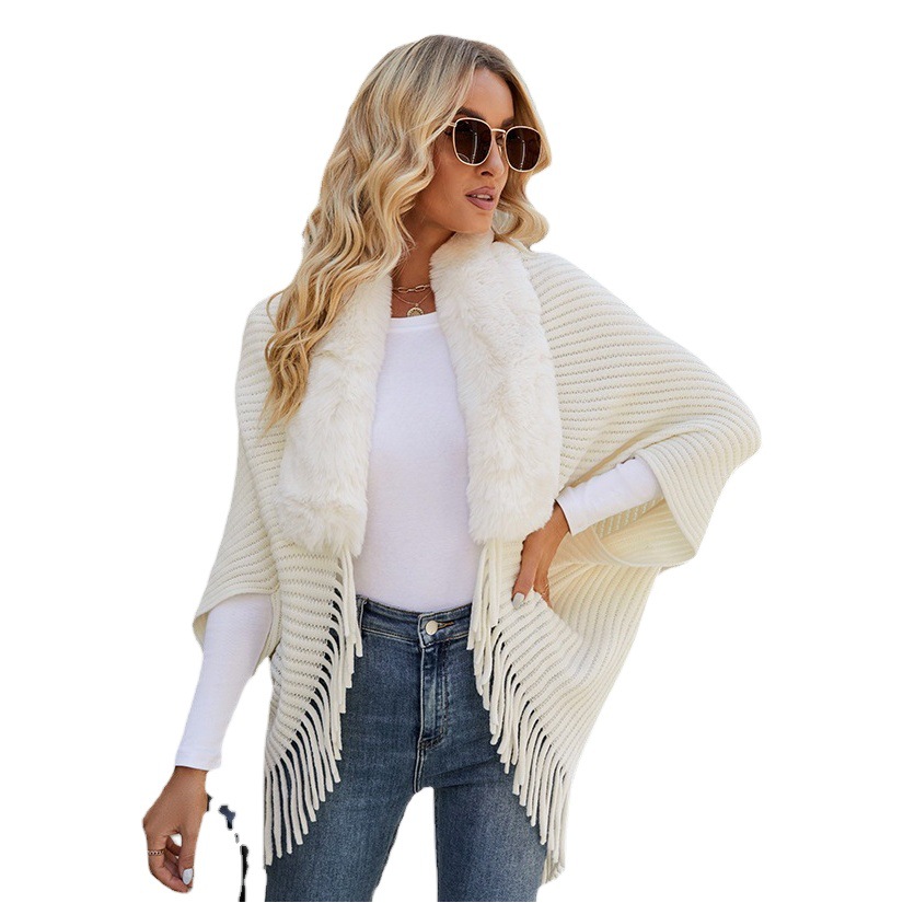 Mao Mao rain 2023 autumn and winter New Amazon fur collar tassel shawl women's European and American cross-border knitted cape coat