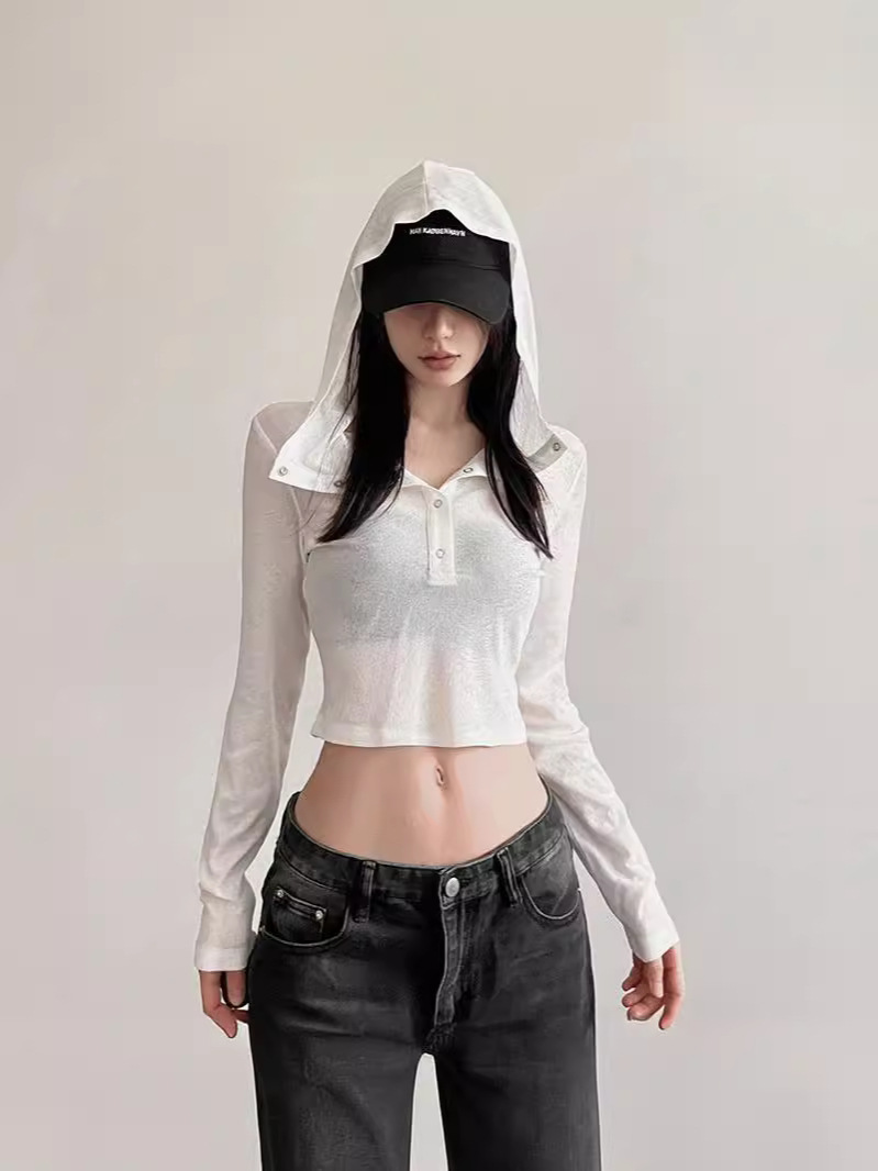 [Self-set Factory Original Fabric] European and American Long Sleeve Slim Fit Micro-transparent Joker Design Sense Short Top Tide