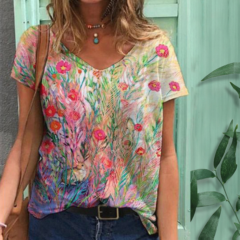 Fashion Women's 3D Digital Printed Short Sleeve Top Summer V Neck Sexy T-Shirt 2025 Trend