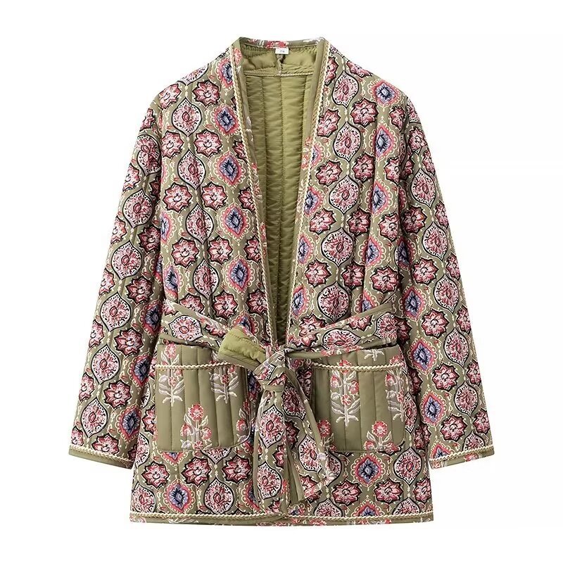 European and American Style Foreign Trade Women's Clothing New 2024 French Retro Belt Loose Long-Sleeved Printed Cotton Coat Wholesale