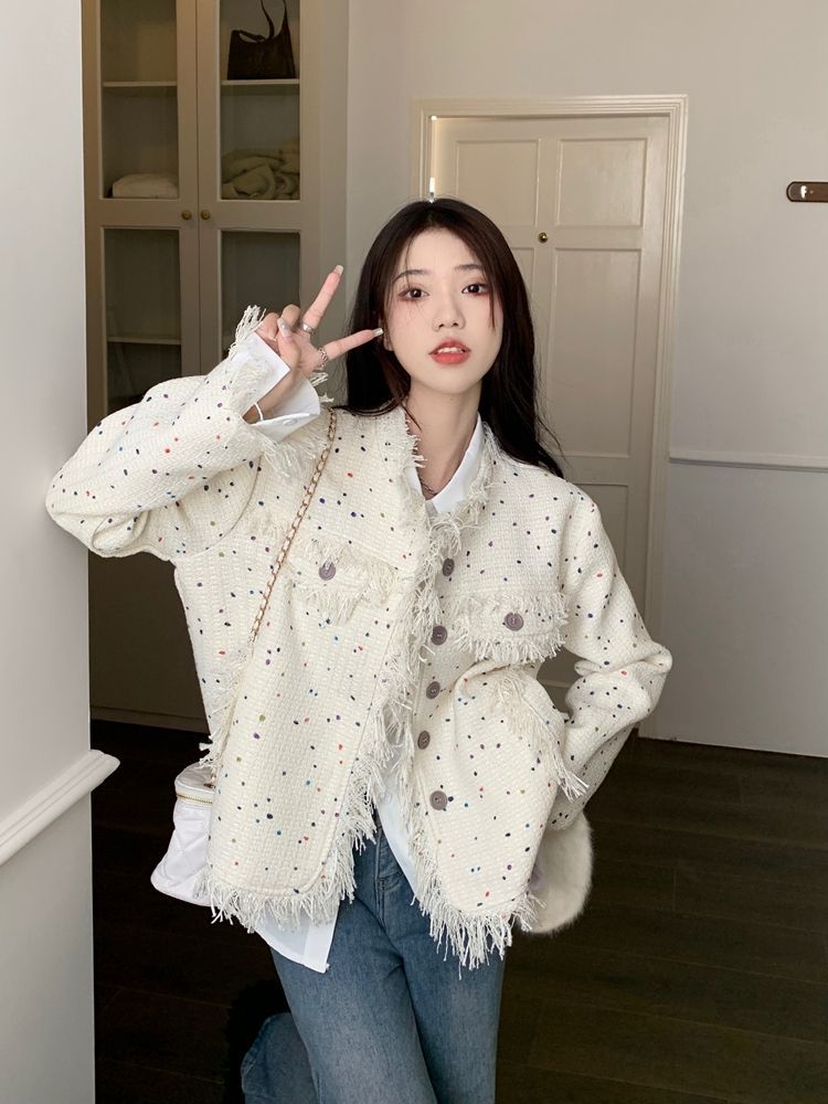 Small fragrant jacket women's autumn 2025 new design color polka dot tassel loose high-end long-sleeved top