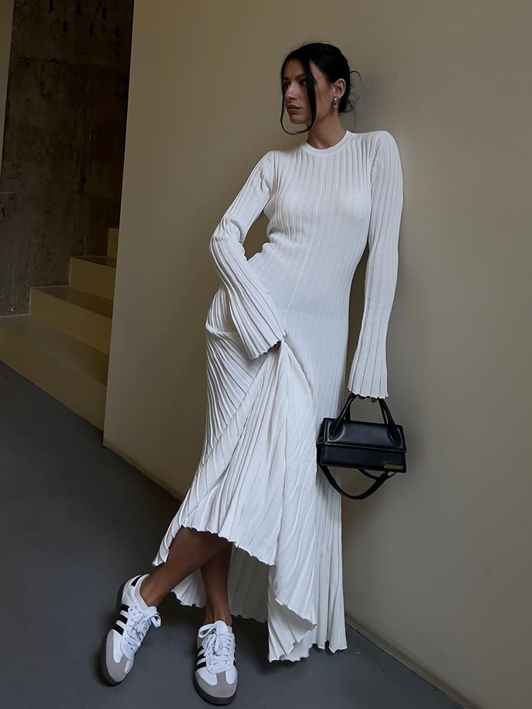 Long Sleeve Round neck knitted dress autumn and winter base solid color sexy tight European and American cross-border sweater dress