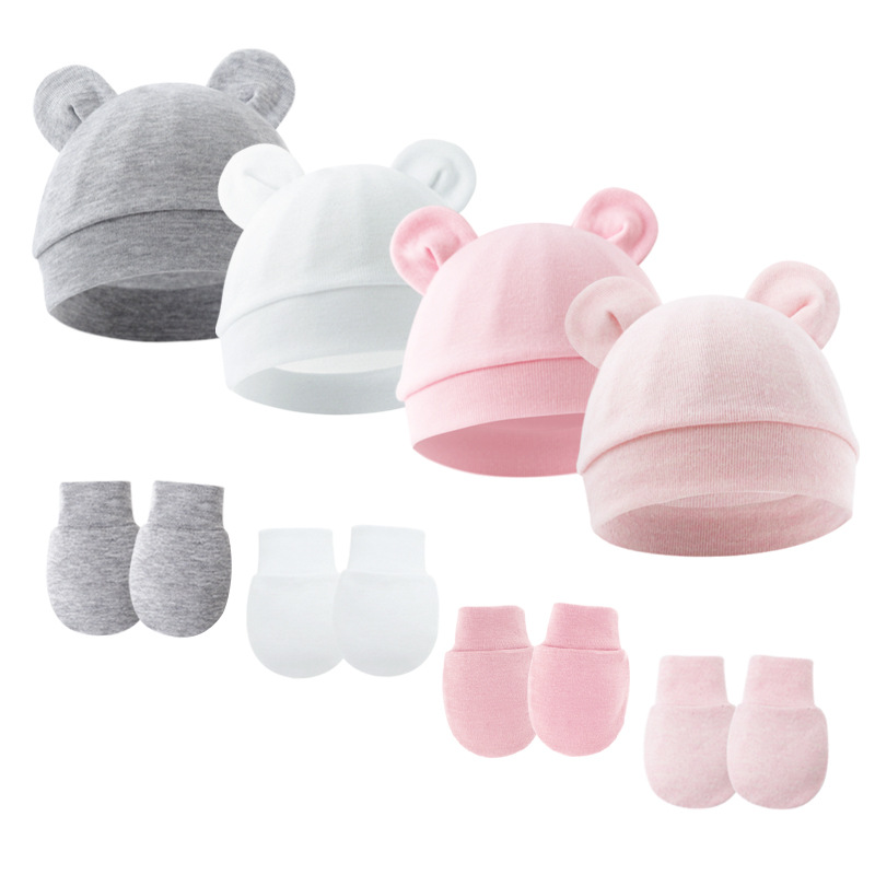 Picture of 2023 foreign trade baby pullover cap Mickey ears baby hat newborn tire cap anti-scratch gloves 2-piece set