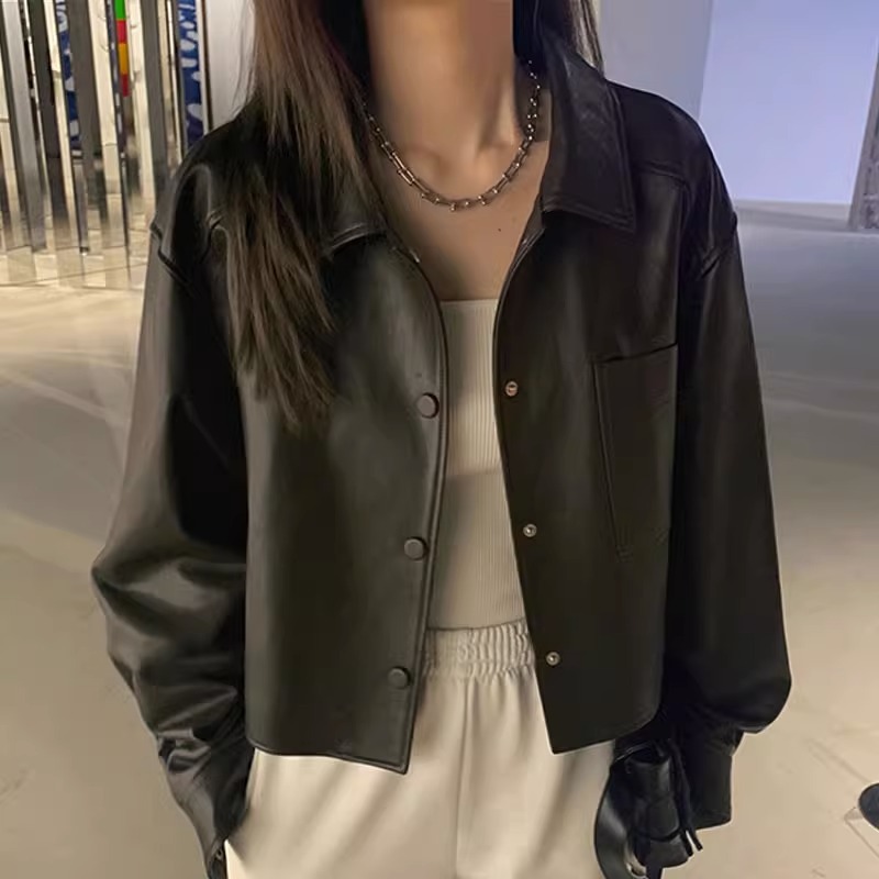Hong Kong Style Trendy Short Leather Coat for Small Women Spring Autumn and Winter Popular Moto Stylist Women's All-match Coat PU Leather Jacket