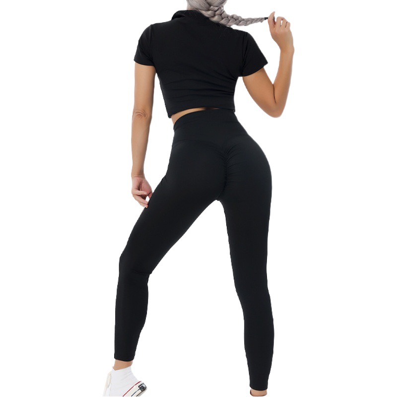 Cross-border European and American yoga suit single shoulder bra zipper short sleeve hip shorts pants fitness suit wholesale