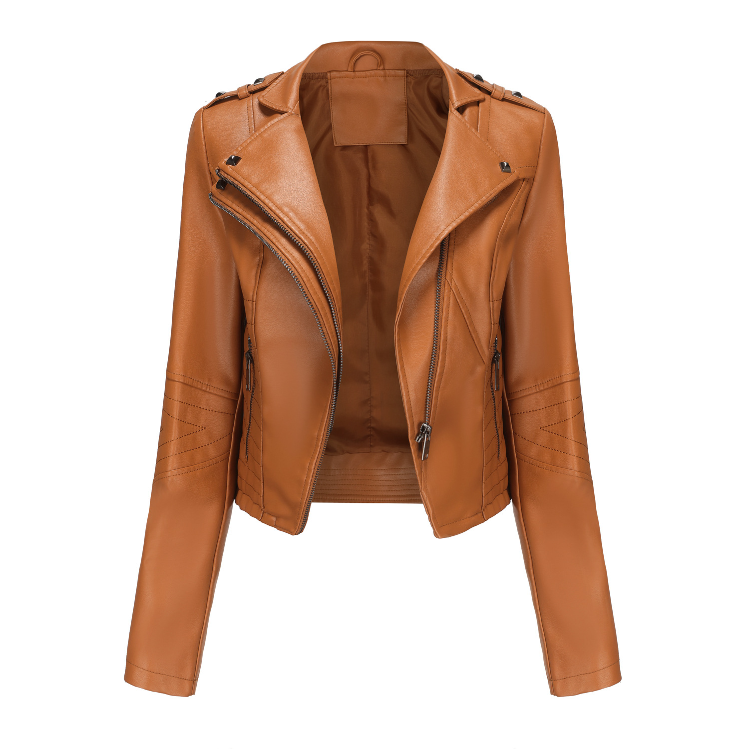 Picture of New Slim-Fitting Long-Sleeved Spring and Autumn Leather Jacket for Women with Rivets European and American Popular Short Small Coat Zipper Leather Jacket