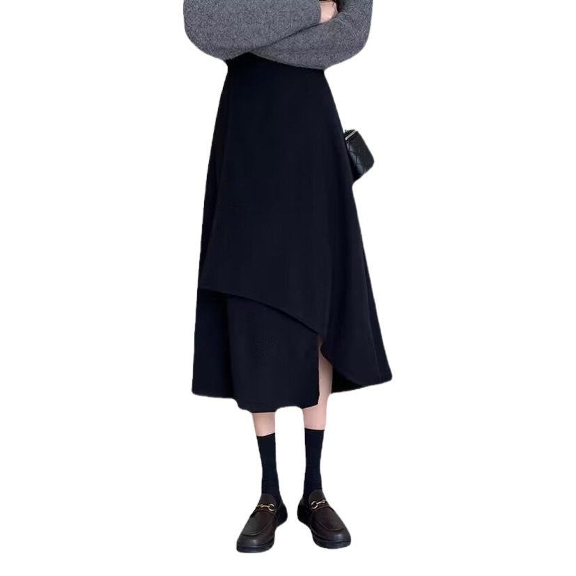 Irregular Split Black Skirt Women's Autumn 2024 Mid-length A- line Skirt High Waist Slimming Fashionable Hip Skirt