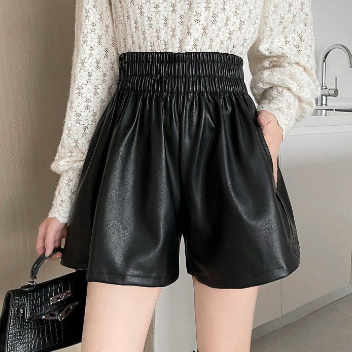 Fat Girl leather shorts women 2023 new spring and winter loose plus size slimming outerwear fashion Korean style A- line boots leather pants