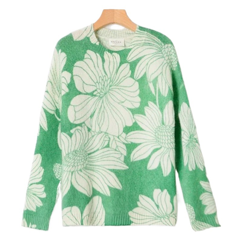 Sezane Two-Color Flower High Count Sunflower Print Mohair Knitted Sweater New Short-Sleeved Summer