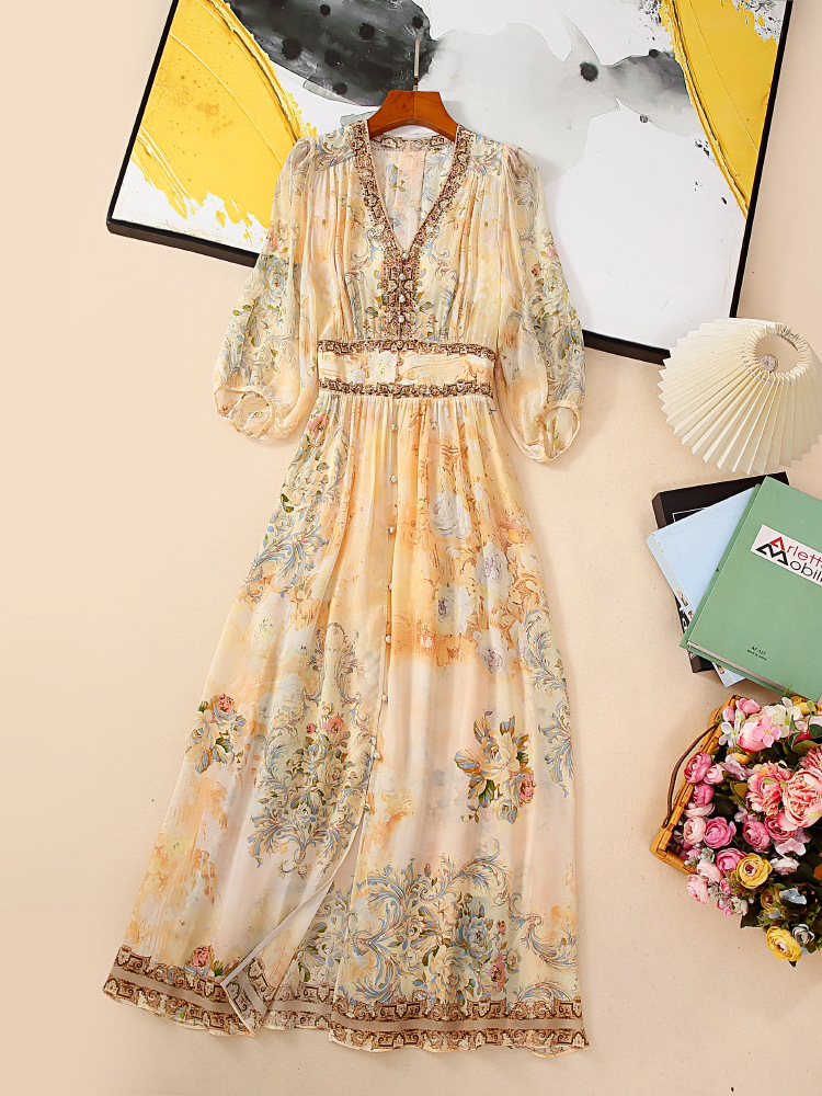 Silk dress High-grade Light Luxury Mulberry Silk New French Style Camilla Slim-fit Slimming Holiday Princess Long Dress for Women
