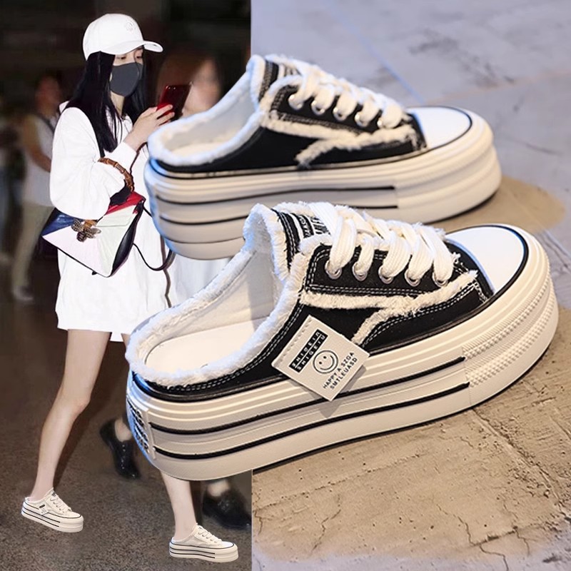 Thick-soled half-drag small white canvas board shoes women's summer ins trendy 2024 new baotou all-match casual sneaker