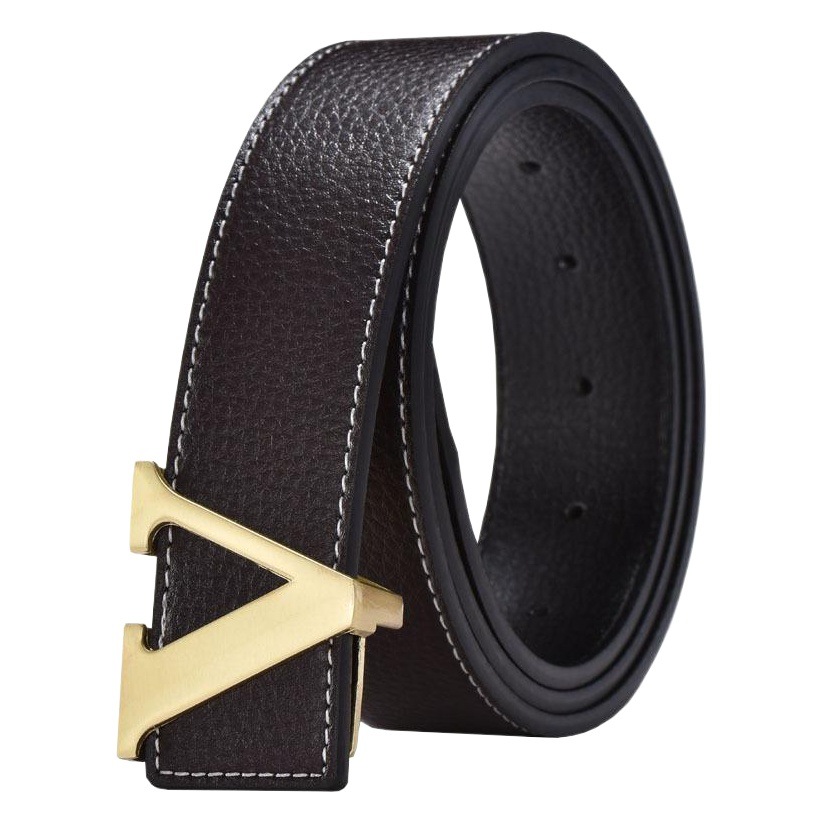 Foreign Trade Men's Belt Genuine Leather Smooth Buckle Belt Korean Style Fashion Letter V Genuine Leather Trouser Belt Men's Belt