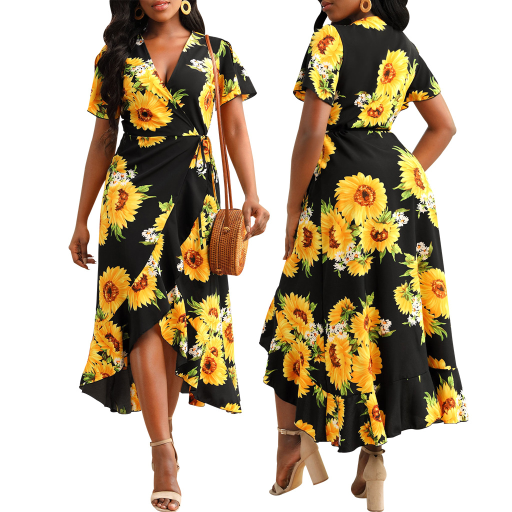 SMR11499 cross-border Amazon new European and American sexy fashion digital printing short sleeve V-neck women's dress