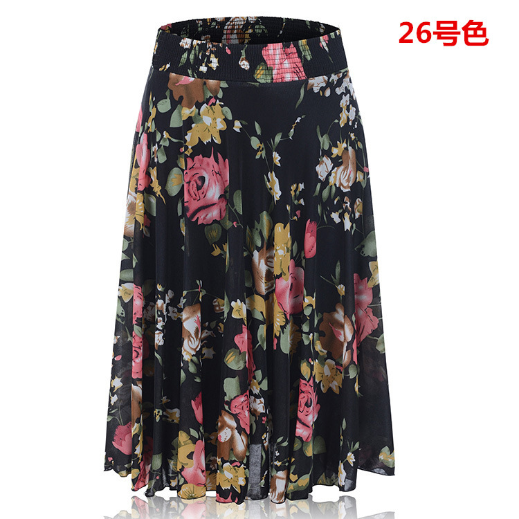 Picture of Middle-aged and elderly summer thin skirt mother's elastic waist color ice silk mid skirt high waist elastic dancing skirt