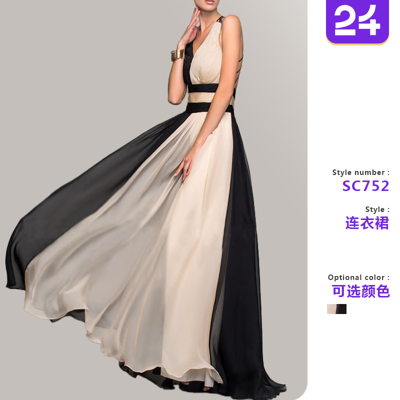 Picture of 2025 New Amazon European and American Foreign Trade Dress Amazon V-Neck Sleeveless Color Block Dress Long Skirt