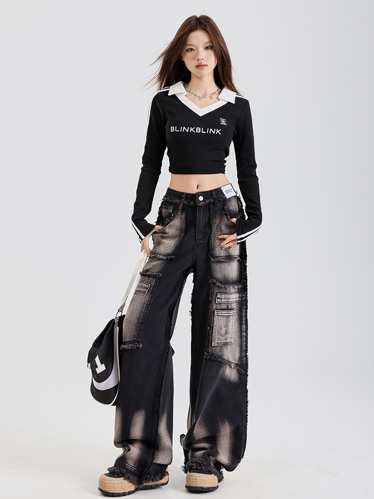 2025 Spring New Handsome Fur Edge Pocket Stitching Straight Jeans Women's High Waist Loose Slim Overalls