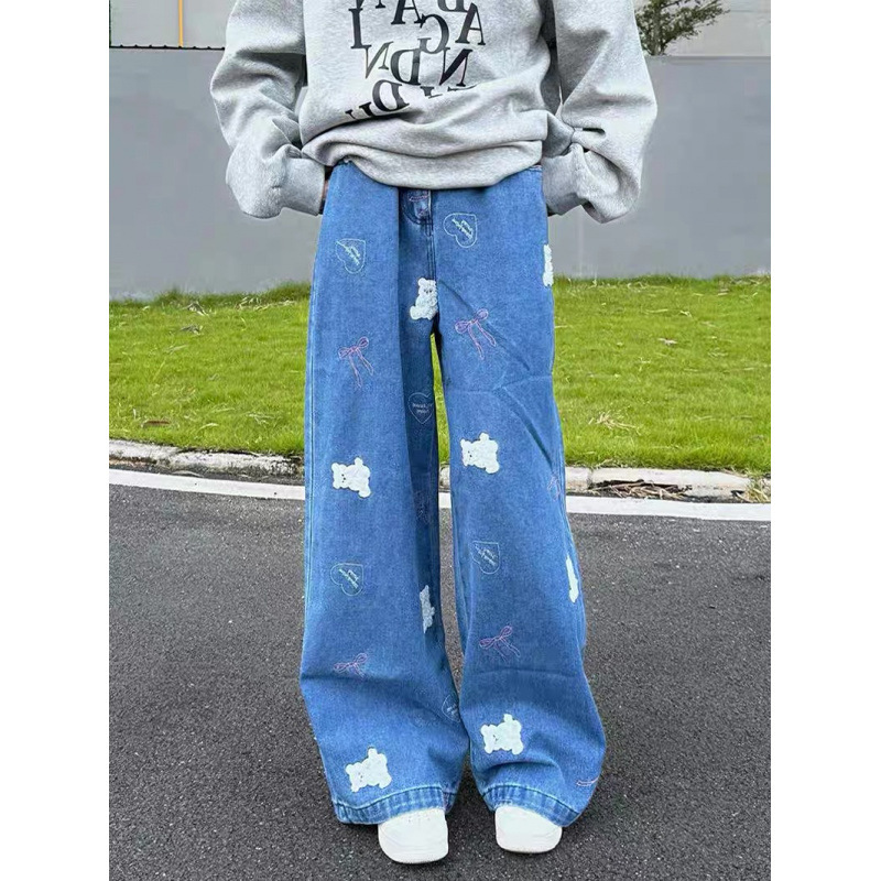 American Style Vintage Bear Tape Embroidered Wide Leg Jeans Women's Autumn and Winter New Loose Slimming Straight Pants