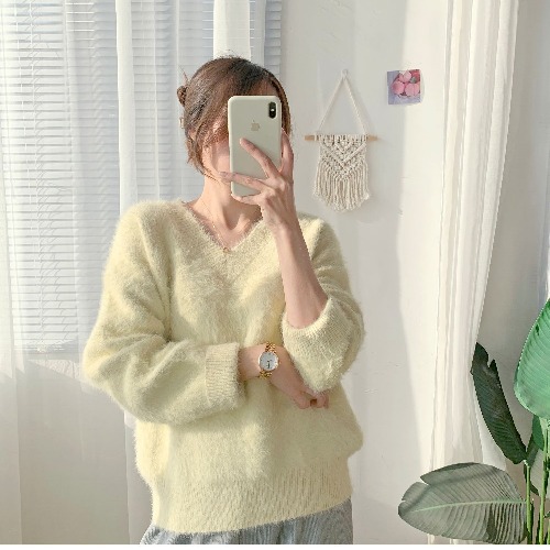 Picture of Mink Hair Imitation Mink Cashmere Sweater Women's Autumn and Winter Thickened Pullover Winter Loose Lazy Style Mohair V-Neck Top