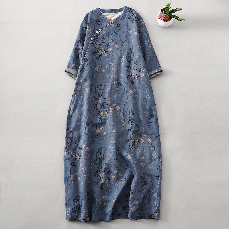 2024 spring and summer new artistic retro printed Chinese cheongsam long skirt word female round neck half sleeve cotton linen dress