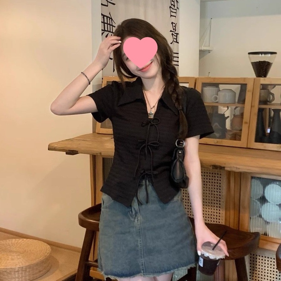 Summer Bow Short-sleeved Shirt Women's New Slim-fit Slimming New Chinese Niche Black Shirt