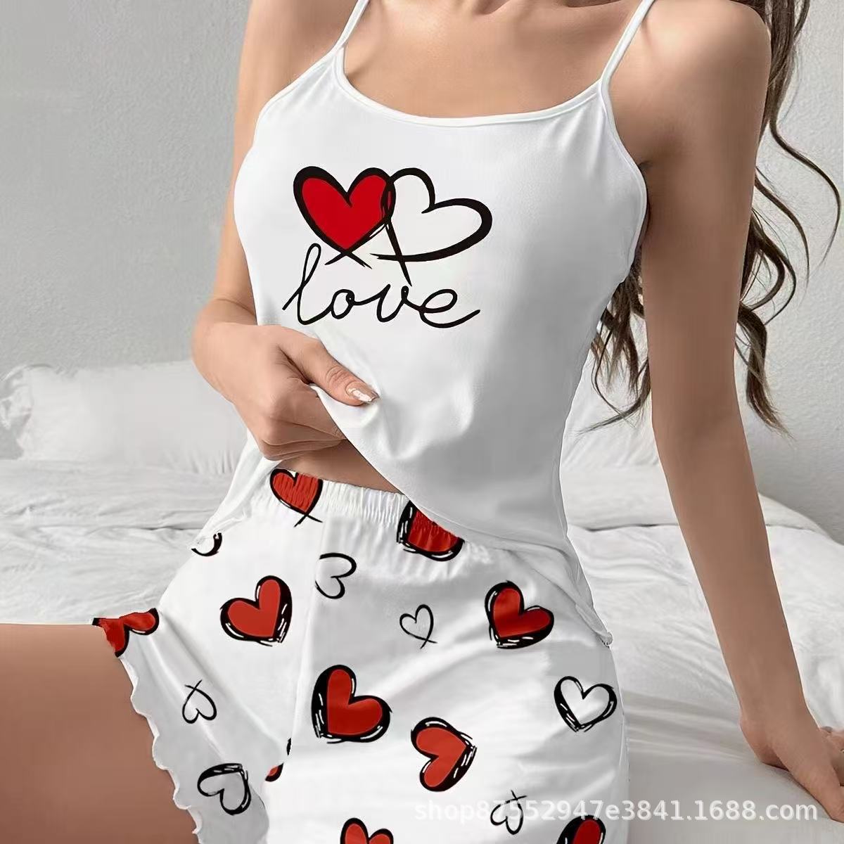 European and American style pajamas women's suspenders shorts suit cross-border Amazon AliExpress cartoon love home clothes two-piece set