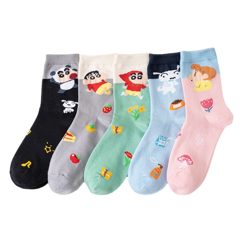 Ins Socks Women's Cute Color Matching Girl's Middle Tube Academy Style Cotton Socks Students All-match Stocking Cartoon Socks for Four Seasons