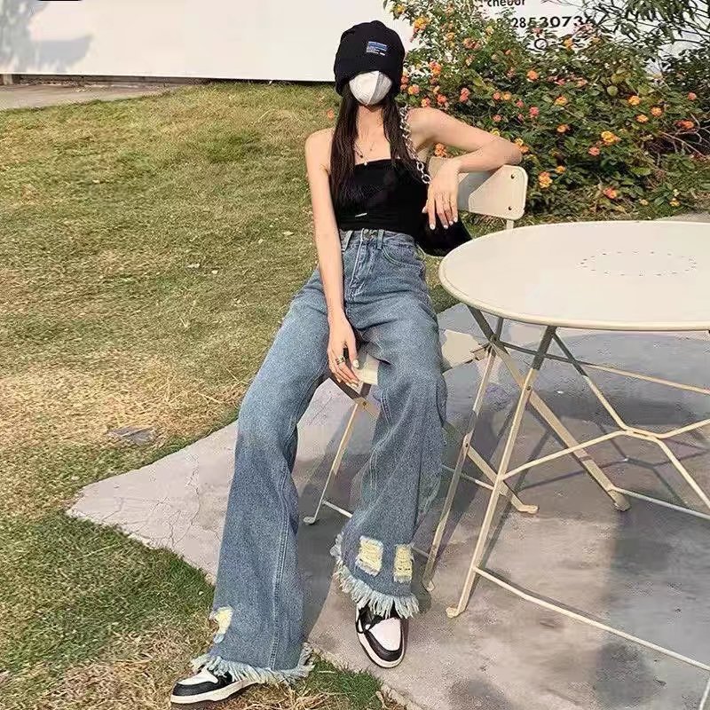 Blue Jeans Women Students Wear Straight Leg Pants Spring and Summer Elastic High Waist Long Pants Slimming