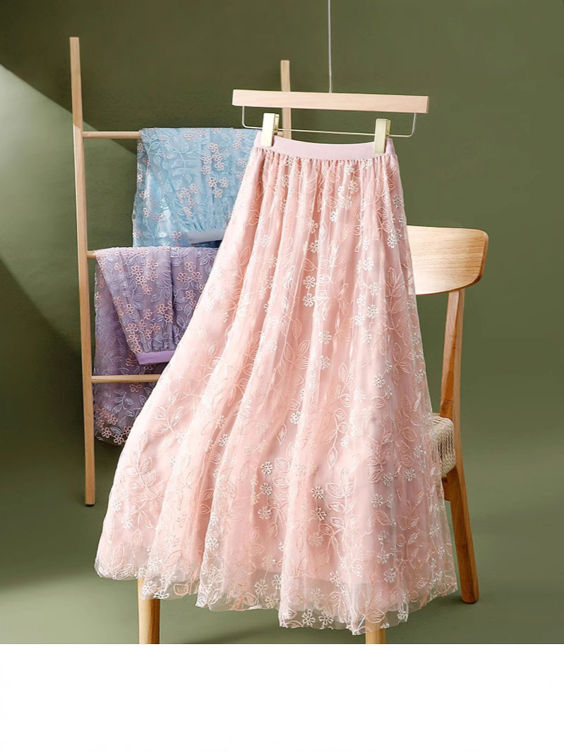 High-End Embroidered Mesh Floral Skirt for Women Summer New Elegant Slim Mid-Length Large Hem Umbrella Skirt A-Line Skirt
