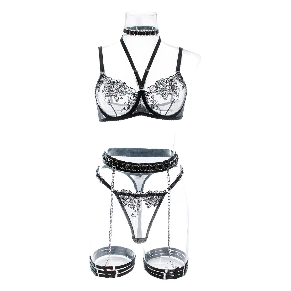 Cross-border special for high quality heavy industry embroidery handmade metal chain halter sexy lingerie five-piece set popular in stock