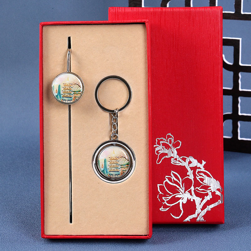 Picture of Beijing Temple of Heaven, Wuhan Yellow Crane Tower, Nanjing, Guangzhou Souvenir Metal Bookmark Keychain Set Custom Cultural and Creative Style
