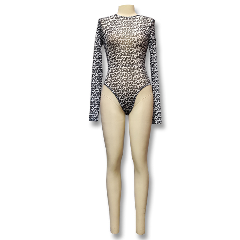 Picture of Cross-border European and American 2024 New Sexy Long-sleeved Tight-fitting Trendy Letter Printed Mesh See-through Women's All-in-one Dress