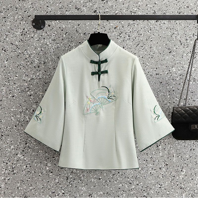 Picture of Republic of China Style Vertical Collar plus size Slimming Tang Suit Chinese Embroidery Retro Elegant suit Wide Leg Pants Two-Piece Set for Summer