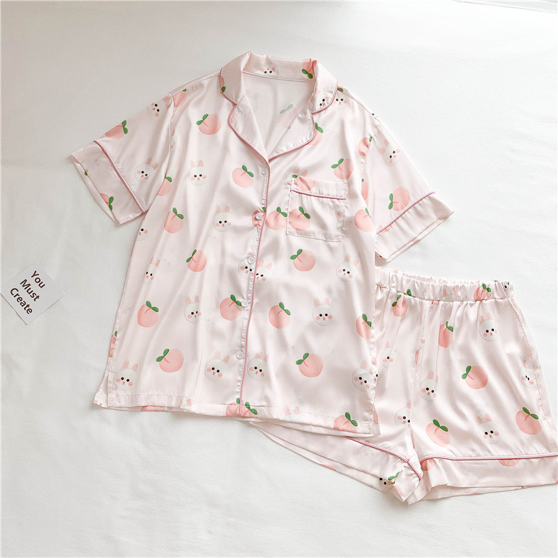 Cross-border Korean version of sweet girls ins peach cartoon ice silk short sleeve shorts suit home clothing real shot wholesale