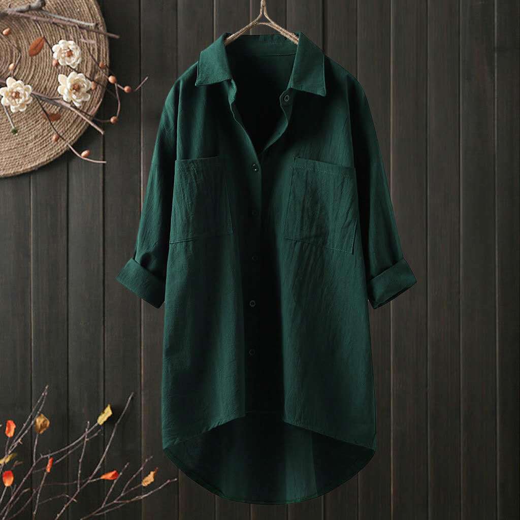 Cross-border 2024 Spring and Autumn New Japanese and Korean Temperament Solid Color Literary Retro Front Short Back Long Shirt Long Sleeve Cotton Linen Shirt