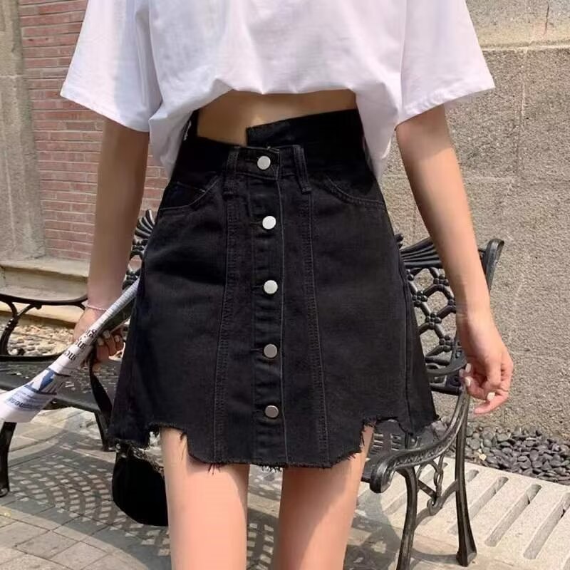 Irregular Denim Skirt High Waist A- Line Fashion Design Skirt Girl's Summer Breasted Black Hip Short Skirt