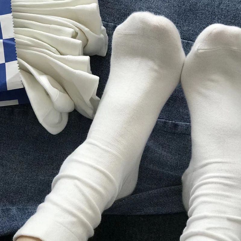TikTok Same Style White Stockings Children's Autumn Mid-length Stockings ins Japanese College Style Simple Solid Color Pile Stockings