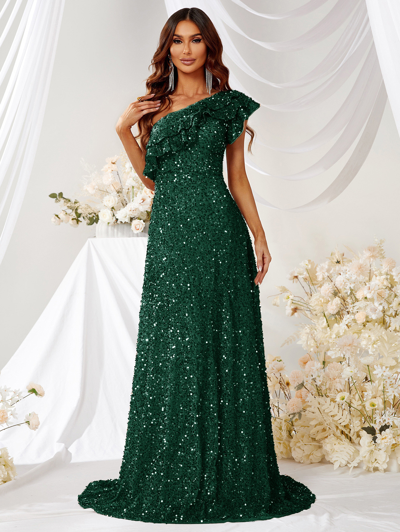 Picture of Foreign single cross-border one-shoulder sequins waist slimming wood ear sequins neat evening dress banquet host performance dark green