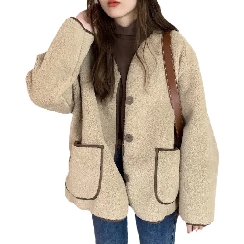Khaki Round Neck Cashmere Jacket for Women 2023 Autum New Korean Style Loose and Stylish Short Top for Small People