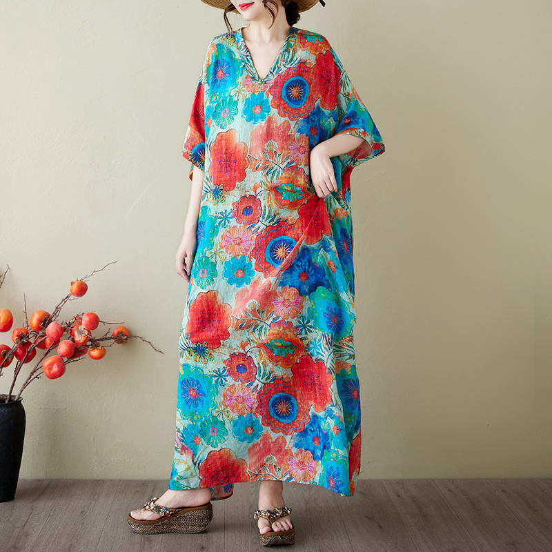 plus size Women's Summer V-neck Cotton Linen Extra-large Loose Artistic Holiday Beach Dress Retro Long dress