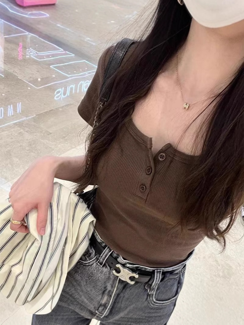American-Style Regular Shoulder Ribbed Basic Short-Sleeve T-Shirt for Women, New Summer Style, Collarbone-Exposing, Sexy Hot Girl Ins Short Top